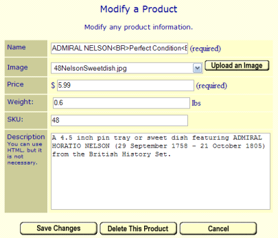 Add information about your products on the basic editing Modify a Product screen.